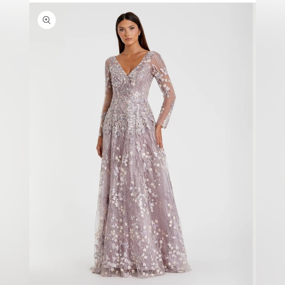 MWT MAC DUGGALEMBROIDERED LACE WRAP OVER ILLUSION LONG SLEEVE LILLAC GOWN
